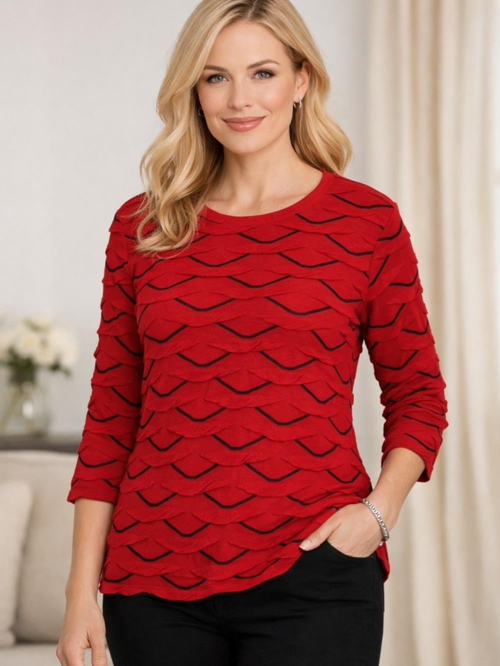 Investments Red Layered-Texture Crewneck Top